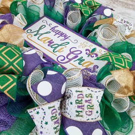 Happy Mardi Gras Wreath, 24 Inches, Purple White Gold Green, Fat Tuesday Decorations, Mardi Gras Party Decor, Indoor Outdoor Use