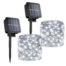 OHLUX Solar String Lights Outdoor,Each Pack 100LED 33FT Decorative Fairy Lights Waterproof 8 Modes Copper Wire Sun Powered Firefly Lights for Outdoor Wedding Patio Garden Trees Party(Daylight/2PACK)