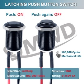 DMWD 5pcs 12mm Latching Push Button Switch Raised Head with Pre-soldered Cable Aluminium Alloy 1NO 12V 24V 36V 110V 250V Waterproof IP66 without LED (Black)