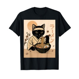 Samurai Cat Eating Ramen in Kimono Japanese Food Art T-Shirt