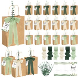 Motipuns 50 Sets Wedding Welcome Bags for Guests Bulk Wedding Paper Gift Bags with Handle Faux Eucalyptus Stems Chiffon Ribbon Thank You Cards for Baby Shower Church Bridal Party Favor