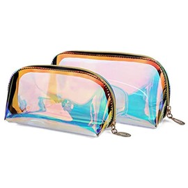esowemsn 2pcs Iridescent Cosmetic Bag Make Up Purse Organizer Portable Waterproof Cosmetic Pouch Travel Bathroom Office Bag Organizer for Girls Women(S/L)