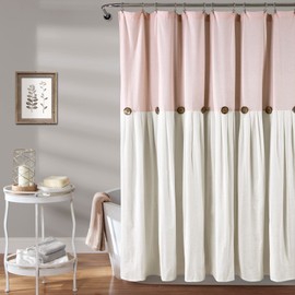Lush Decor Linen Button Shower Curtain, 72" W x 72" L, Blush & Off White - Pink Bathroom Curtain - Fabric Shower Curtains - Farmhouse Bathroom Decor