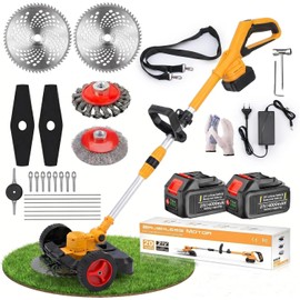 Cordless Weed Wacker with Wheels, 5-in-1 Electric String Trimmer, Battery Powered Weed Eater with 2 Batteries, Foldable Height Adjustable Lightweight Edger Lawn Tool for Garden Yard Lawn Care