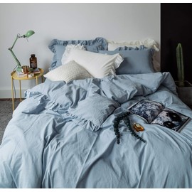 Lanqinglv Bed Linen 220 x 240 cm Greyish Blue with Ruffles, 100% Soft Microfibre Double Bed - Romantic Duvet Cover 220 x 240 cm + 2 Pillowcases 80 x 80 cm, with Zip