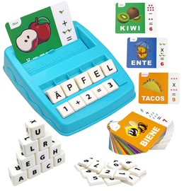 German Letter Learning Games, Montessori Toy 3 4 5 6 Years Spelling Game with 64 Learning Knowledge Flash Cards Learning Toy for Preschool Age Language Learning Gift First Day at School [Blue/White]