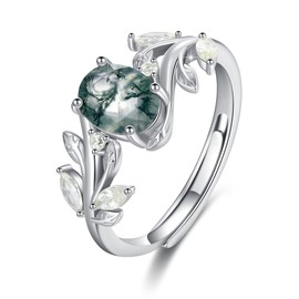 ECHOOY Moss Agate Rings 925 Sterling Silver Cubic Zirconia Green Leaf Ring Green Moss Agate Jewelry Gift for Women Mother Girls Wife Girlfriend
