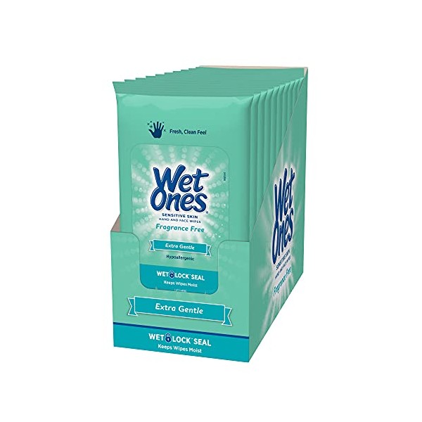 Wet Ones Sensitive Skin Hand and Face Wipes, 20 Count (Pack of 10)