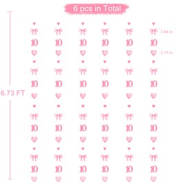 40Ft Pink 10th Bow Birthday Decorations Hot Pink Conquette Bow Heart Garland Streamer Banner for Girls Happy 10th Birthday Double Digits I'm 10 Cheers to 10 Years Old Anniversary Party Supplies