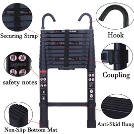 Black Telescopic Aluminum Ladder, 6.2M/20.3FT Telescopic Extension Ladder with Detachable Hooks, Anti-Slip Multi Purpose Extendable Loft Ladder Portable Folding Ladder, 15 Step, Max Load 150kg, EN131