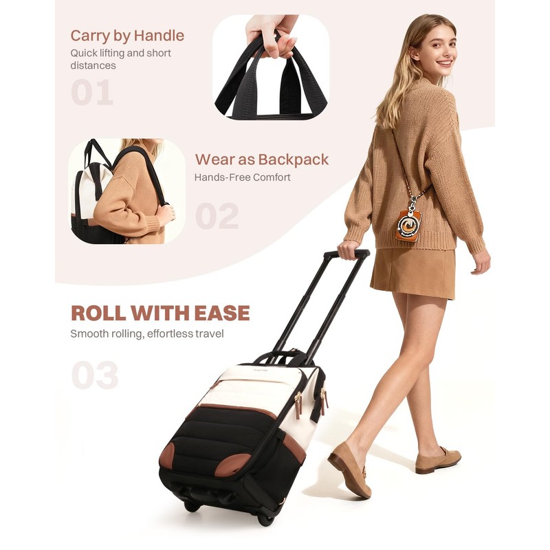 Rolling Puffer Backpack for Women, Travel Backpack with Wheels, 16