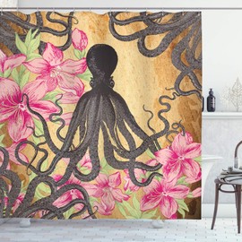 Ambesonne Octopus Shower Curtain, Kraken Roses Leaves Tentacles Vintage Antiqued Sea Life Theme, Cloth Fabric Bathroom Decor Set with Hooks, 75" Long, Pink Charcoal