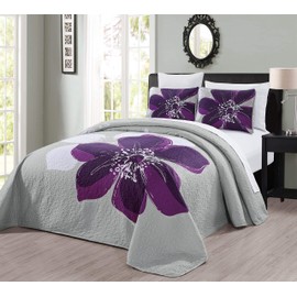 3-Piece Fine Printed Oversize (100" X 95") Quilt Set Reversible Bedspread Coverlet Full / Queen Size Bed Cover (Dark Purple, Grey, White Hibiscus Floral)