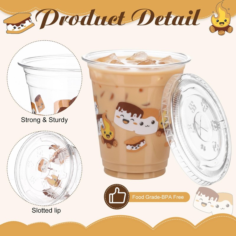 Sliner 50 Pack S'mores Party Supplies Plastic Cups with Lids