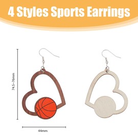 UNICRAFTALE 4 Pairs 4 Styles 2 Colors Heart Sports Ball Earrings Hollow Geometry Game Earrings Natural Wooden Basketball Football Volleyball Earrings Valentine's Day Birthday Gifts for Sports Players
