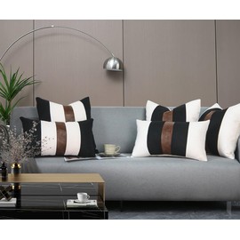 JASEN Set of 2 Faux Leather and Linen Throw Pillow Covers 20x20 Inch Black and White Modern Farmhouse Accent Pillow Covers for Couch Sofa