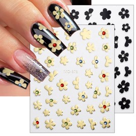 Gold Flower Nail Art Stickers with Colorful Nail Rhinestones 5D Self-Adhesive Black Flowers Nail Decoration 2 Sheets Summer Embossed Floral Nail Decals Glitter Shiny Flower Nail Stickers for Women