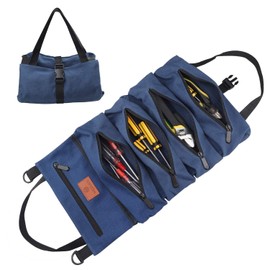 Wessleco Roll Up Tool Bag, 16OZ Canvas Wrench Roll Up Pouch Multi-Purpose Tool Roll Organize, 5 Zippered Tool Pockets (Blue)