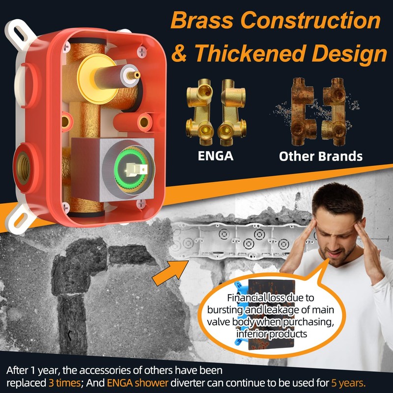 ENGA 3 Way Shower Diverter Valve, Square Three-Function Shower Handle