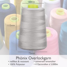 Phönix 4 x 5000 m Universal Quality Thread, Thickness 120 Sewing Thread for Overlock Sewing Machines (Grey)