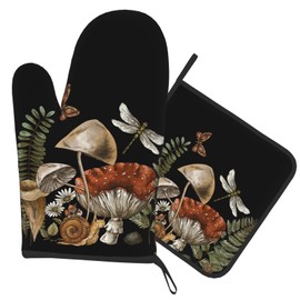 Witch Goth Mushroom Oven Gloves and Pot Holders 2-Pack, Heat Resistant Gloves for Baking, Cooking, Grilling
