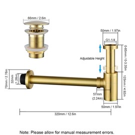 Silver, Solid Brass Bathroom Sink Drain Kit, Adjustable Bottle Trap, Pop-Up Drain, Chrome P-Trap for Bathroom Cabinet Sink, Without Overflow Holes