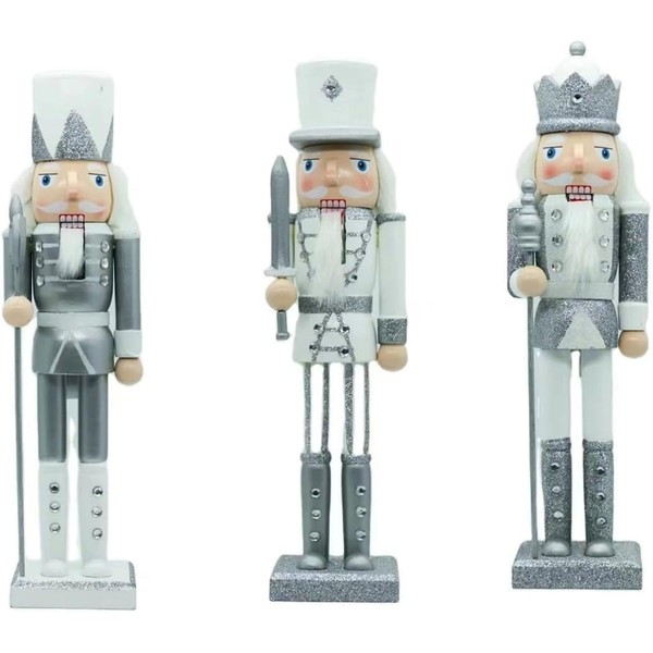 SHATCHI 25cm Silver/White Glitter Wooden Christmas Nutcrackers - 3pcs Set