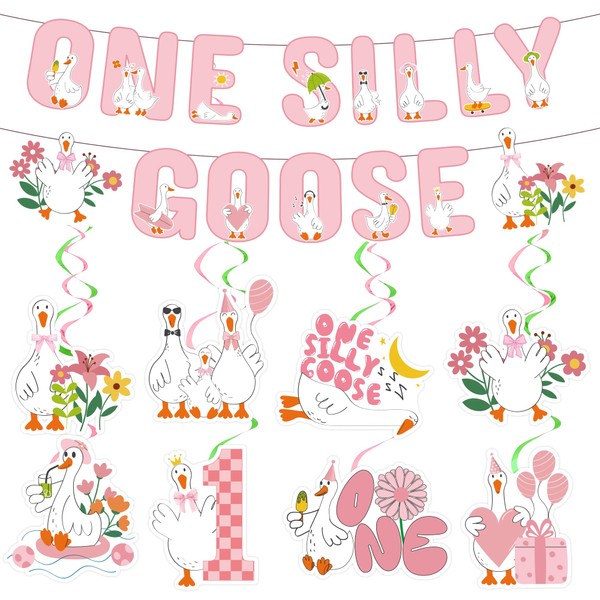 One Silly Goose Birthday Banner - 10 Pcs Pink 1st