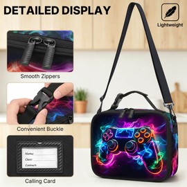 ZHIMEBYE Gamer Boys Lunch Bag - Kids Lunch Box for Boys & Girls,Insulated Video Game Lunchbox with Adjustable Shoulder Strap & Name Tag,Reusable Portable Lunchbox for School Picnic Hiking