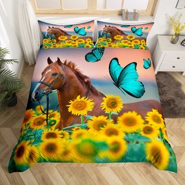 Horse Comforter Cover Yellow Sunflower Printed Bedding Set Twin Size Boys Girls Women 3D Wild Horse Duvet Cover Teal Butterfly Decor Bedspread Cowboys Western Farmhouse Rustic Theme Quilt Cover