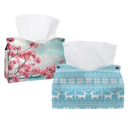 2 Pack Tissue Box Cover Holder, Christmas Fir Tree and Deer Rectangle Leather Tissue Case, Decorative Organizer for Tabletop, Bathroom, Car, Office