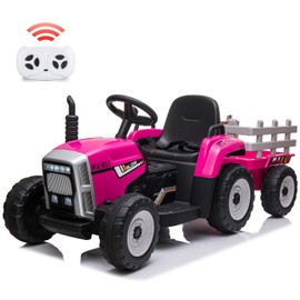 12V Kids Ride On Tractor,Battery Powered Electric Tractor with Trailer, 25W Dual Motors, Treaded Tires, 3-Gear Shift, 7 Led Headlights, and Mp3 Player - Ride-On Toy for Toddlers Ages 3+,Rose