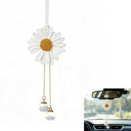 Daisy Car Hanging Ornaments, Cute Exquisite Flower Car Rear View Mirror Hanging, Interior Decorative Accessories for Women Girls, for Most Vehicles (White)