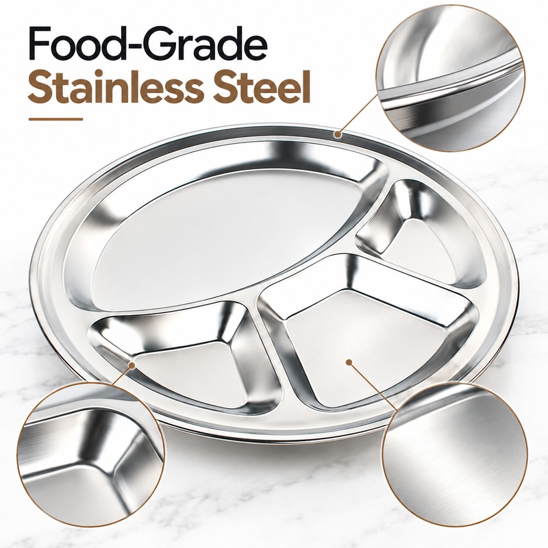 4-Grid Stainless Steel Serving Plate 32cm – Polished Divided Dinner