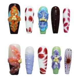 Tesytto Long Coffin Press On Nails with 3D Floral Design - Summer Multicolor Thick Luxury False Nails Reusable Acrylic Nails (Summer Stories,M)