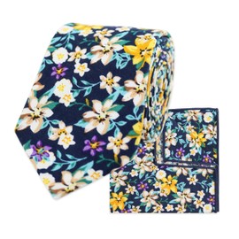 THE GENTS LAB 100% Cotton Diamond End Floral Print Neck Tie & Pocket Square Set (Navy & Yellow)