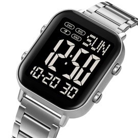 Digital Watches Men's Digital Watch Large Numbers Seniors Business Digital Watch Men Metal Strap Luxury Watch LED Dual Time Date 12/24H Stopwatch, silver