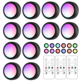 LED Puck Lights with Remote Control, 16 Color Changeable Under Cabinet Lights with Control & Timing, Battery Operated Wireless Closet Lights for Closet, Bedroom,Kitchen,12 Pack - Black