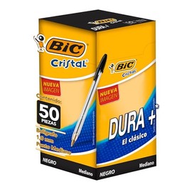 BIC Bolígrafo Cristal Dura + Punto Mediano 1.00 mm Cuerpo Hexagonal Tapa Ventilada para Evitar Asfixia Color Negro 50 Piezas