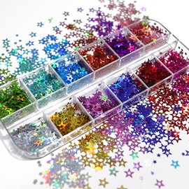 12 Colors Star Nail Art Glitter Sequins, 3D Five-Pointed Star Nail Flakes Designs, Holographic Laser Hollow Star Nail Art Supplies for Women Girls Manicure Sparkle Decorations, DIY Body Makeup Crafts