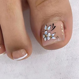 Flower Press on Toenails Short Exquisite White Flower Gold Foil Designs Glue on Nails Acrylic Fake Toe Nails Square Press on Nails for Women 24 Pcs