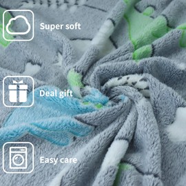 IUNTWEIE Cuddly Blanket Dino 130 x 150 cm, Dinosaur Blanket Glow in the Dark Flannel Sofa Blanket Winter Christmas Gift for Boys (Grey, 130 x 150 cm)