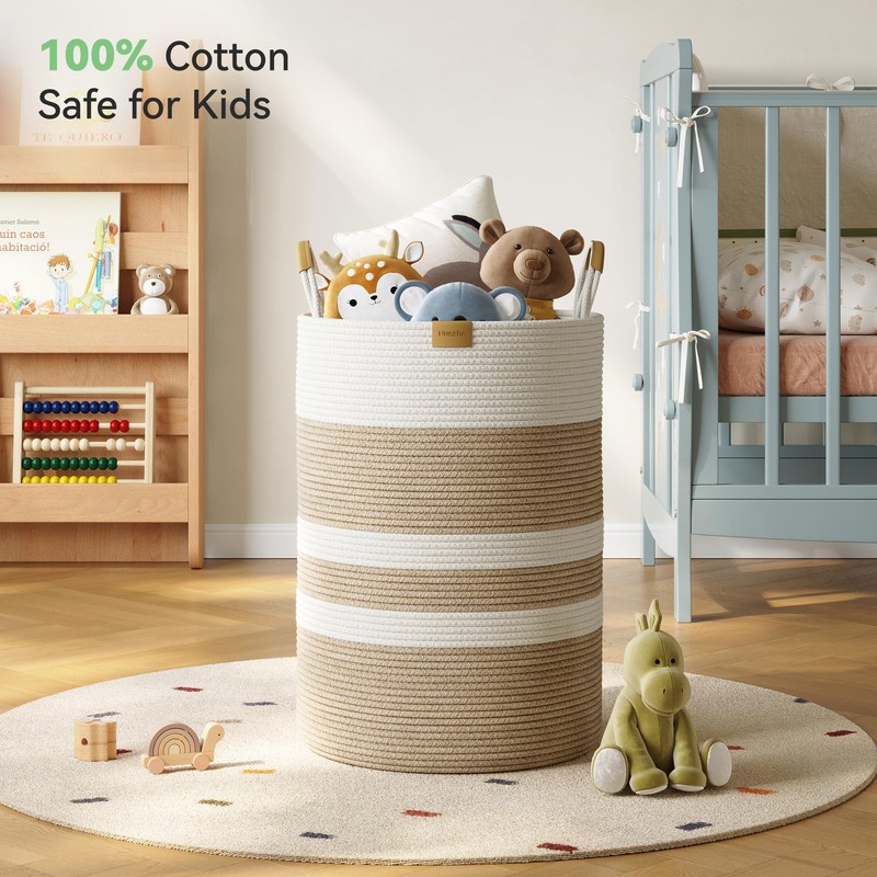 Nunsino 95L Striped Laundry Hamper with Leather Handles,Large Foldable Laundry