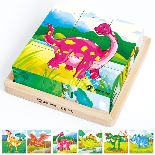 Japace Wooden Jigsaw Puzzles for Toddlers, 6 In 1 Dinosaur