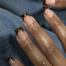 KQueenest Leopard Nails for Sticking French - Soft Gel Press On Nails Short with Cheetah Design, Brown Fake Nails Set, Cute Fingernails for Sticking on for Women, 24 Pieces