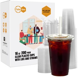 Turbo Bee 200 Sets 16 OZ Clear Plastic Cups with Lids and Straws, Disposable To Go Iced coffee cups with lids for Cold Drinks, Smoothie, and Slushie