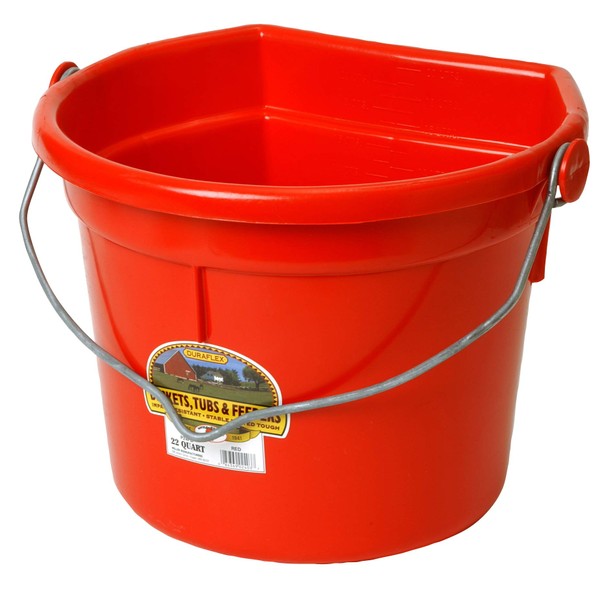 Little Giant® Plastic Animal Feed Bucket | Flat Back Feed Bucket with Knob Ball & Metal Handle | Made in USA | 22 Quarts | Red