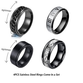 yfstyle 4PCS Stainless Steel Rings for Men Wedding Ring Cool Simple Band Rings for Men Black Plated Matte Finish Stackable Bands Rings Size 6-12-black set-11
