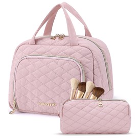 MAXTOP Large Capacity Makeup Bag,2-Piece Quilted Cosmetic Bags for Women,Travel Toiletry Bag With Jewelry Organizer Compartment and Storage Make Up Organizer Travel Essentials（Pink）