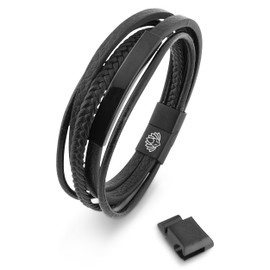 Akitsune The Punisher Synthetic Leather Bracelet, Magnetic Clasp Made of Stainless Steel, Braided Men's Bracelet with Beautiful Jewellery Box, Black/Black, 17 cm, Leather